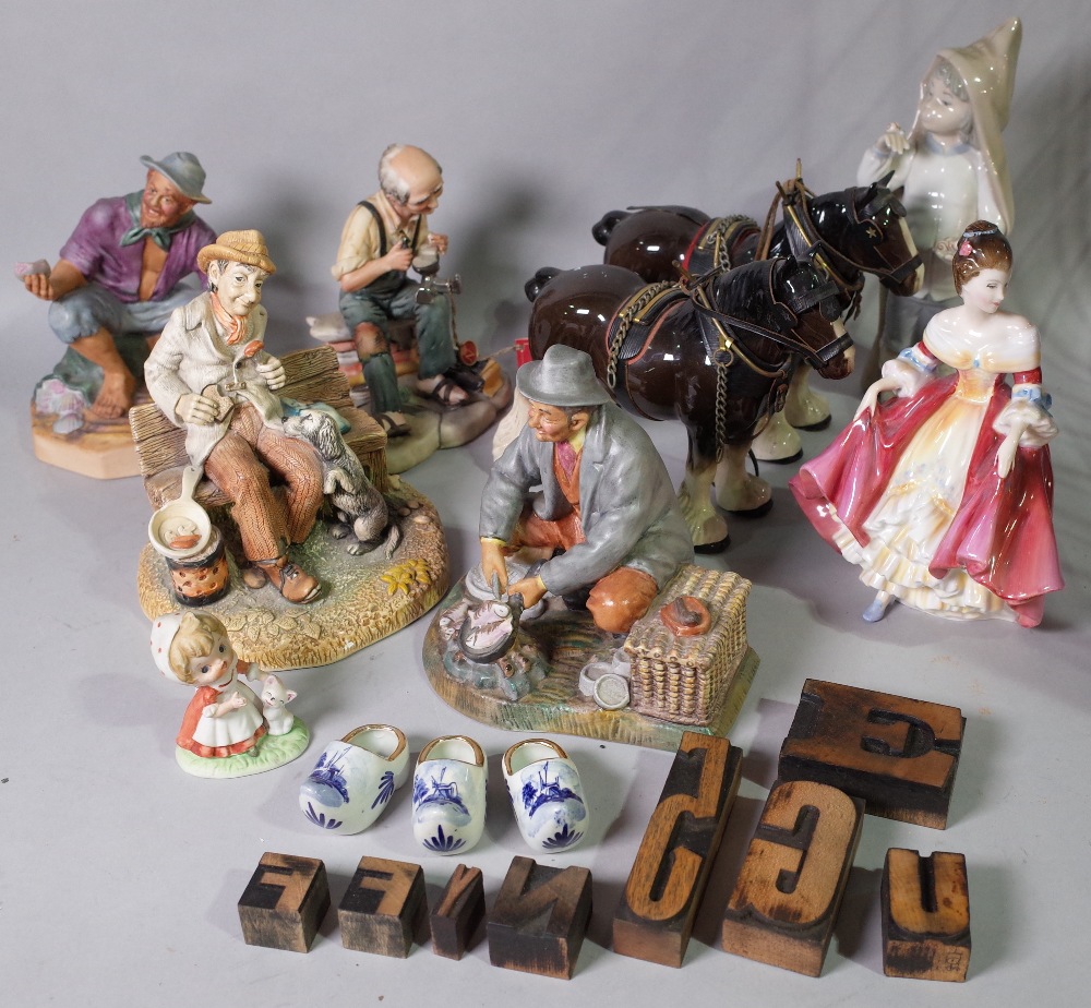 Ceramics, a group of Capodimonte type figures, two Beswick style horses and sundry.