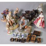 Ceramics, a group of Capodimonte type figures, two Beswick style horses and sundry.