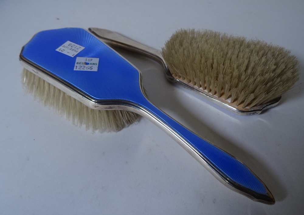 A modern silver mounted and blue enamel dressing table set and a silver plated hand mirror, (5). - Image 6 of 12