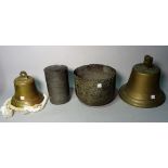 Collectables comprising; two bells, 23cm high, a pewter tea canister, 18cm high,