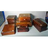 A 19th century mahogany tea caddy, a small two drawer chest and four further boxes,