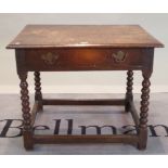 An 18th century oak single drawer low side table on bobbin turned supports, 77cm wide x 63cm high.