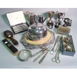 Silver plated wares including bowls, tea pots, flatware, small trophies and sundry, (qty).