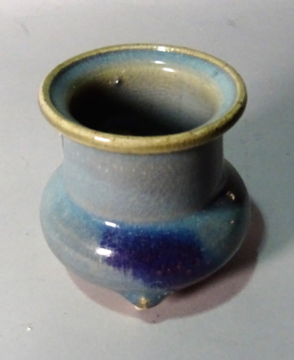 A small Jun type tripod vase, squat form with cylindrical neck and everted rim, 9.5cm. high. - Image 2 of 4