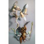 A 20th century gilt cherub three branch wall sconce, 50cm high.