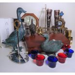 Collectables, including; two modern composite metal figures of ducks, 20cm high, a pewter tea set,