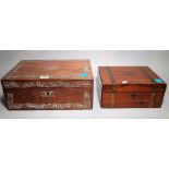 A 19th century mahogany and mother-of-pearl inlaid writing slope, 36cm wide x 15cm high,