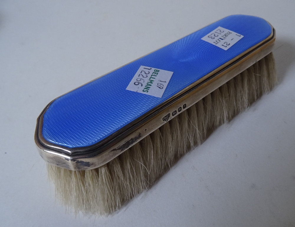 A modern silver mounted and blue enamel dressing table set and a silver plated hand mirror, (5). - Image 8 of 12