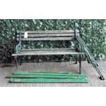 A black painted aluminium garden bench with wooden slats, 123cm wide x 69cm high,