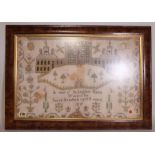 A 19th century framed needlework sampler, 64cm wide x 45cm high.