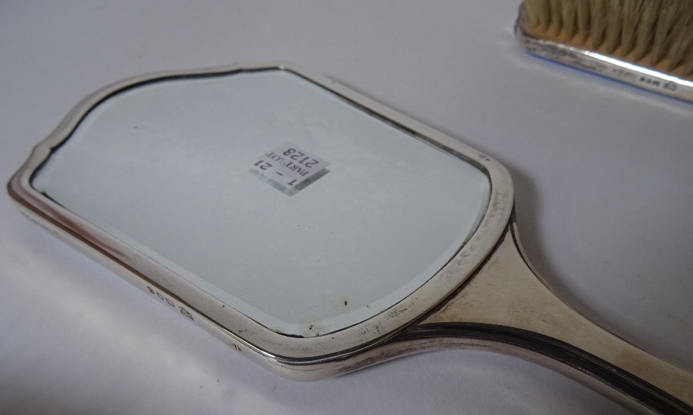 A modern silver mounted and blue enamel dressing table set and a silver plated hand mirror, (5). - Image 5 of 12