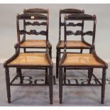 A set of four Victorian stained beech bar back dining chairs on turned supports,