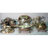Silver plated wares, comprising; three various breakfast dishes,