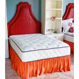 A divan bed, by Beautyrest, with shaped red faux lizard skin headboard, 143cm wide x 195cm high,