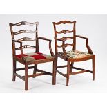 A George III mahogany ribbon back carver chair on square supports, 62cm wide x 98cm high,...