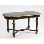 A 19th century French brass inlaid rounded rectangular ebonised centre table.