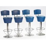 Sedie@Tavoli, a set of four 2oth century chrome and blue leatherette swivel bar stools with...