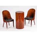 A pair of modern figured walnut tub back chairs and a drinks cupboard, (3)