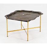 A Regency Chinese japanned decorated shaped rectangular metal tray on later brass stand, 87cm...
