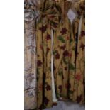 Curtains, a pair lined and interlined, floral decoration, each 100cm wide x 210cm long, with pole