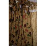 Curtains, a pair lined and interlined, floral decoration, each 90cm x 220 cm long, with pole