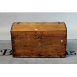 An early 20th century pine strapped iron bound trunk