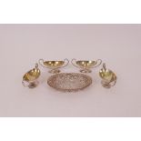 Four silver salts and a bonbon dish, (5).