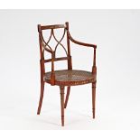 'JAS Shoolbred & Co', a polychrome painted satinwood open armchair with double 'X' splat, 55cm...