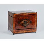 A 19th century French brass inlaid amboyna lift front liqueur box with fitted interior, glass...