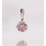 A white gold pendant, claw set with a circular cut fancy intense purplish/pink round brilliant...