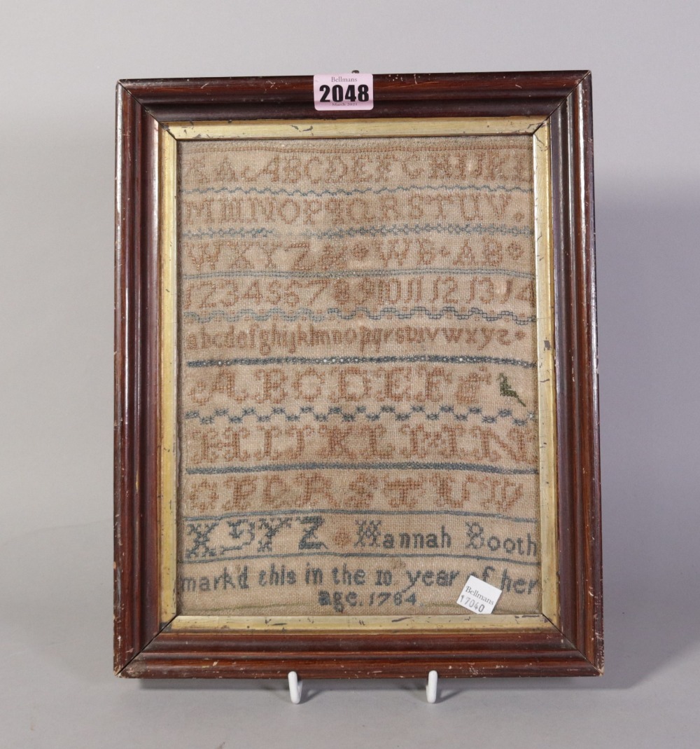 A late 18th century framed needlework sampler, dated 1784, 25cm wide; 31cm high - Image 2 of 4