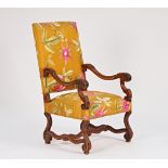 A Louis XIV style carved walnut square back open armchair on scroll supports, 87cm wide x...