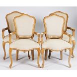 A set of four bleached oak framed 18th century style French open armchairs, 61cm wide x 99cm...