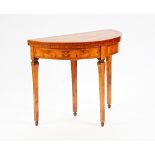 An 18th century style marquetry inlaid walnut, kingwood and pollard oak demi-lune card table...