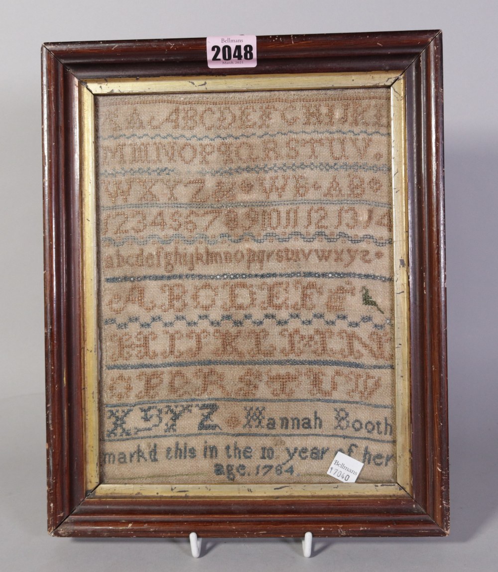 A late 18th century framed needlework sampler, dated 1784, 25cm wide; 31cm high - Image 3 of 4