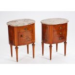 A pair of Louis XVI style oval marble top bedside tables (2).