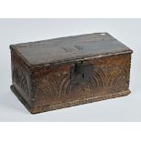 A 17th century oak box, with carved front panel, 48cm wide; 22cm high