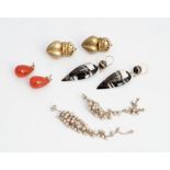 A pair of banded agate drop shaped pendant earrings, the tops with bead surmounts, a pair of...