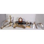 A group of collectables including; a pair of late Victorian brass two branch wall lights, 19cm...