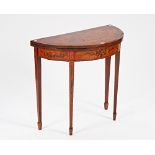 A George III style polychrome painted demi-lune card table on tapering square supports, 83cm...