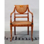 A Regency style mahogany open armchair with cane seat and floral painted decoration,