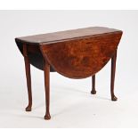 A George II mahogany oval drop flap table on pad feet, 106cm long x 112cm wide open.