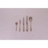 A silver part table service, Hanoverian pattern, comprising; ten table forks, ten dessert...