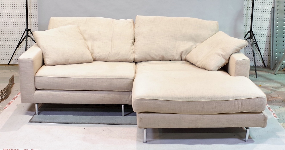 ‘Living Divani’, a modern hardwood framed corner sofa with beige upholstery on chrome tubular... - Image 3 of 5