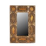 A gilt and polychrome painted rectangular mirror relief modelled with wreaths and ancient...