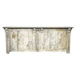 A large pine bar, the grey painted plank top over a distressed tongue and groove panelled...
