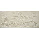 A large plaster relief wall panel, depicting a typical Assyrian lion-hunting scene