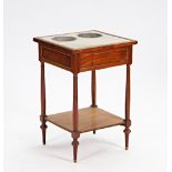 A late 18th century Directoire brass-mounted mahogany ''Table de Raffraischoir'', the inset...