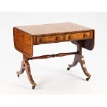 A George III inlaid mahogany sofa table, with pair of frieze drawers on downswept supports,...