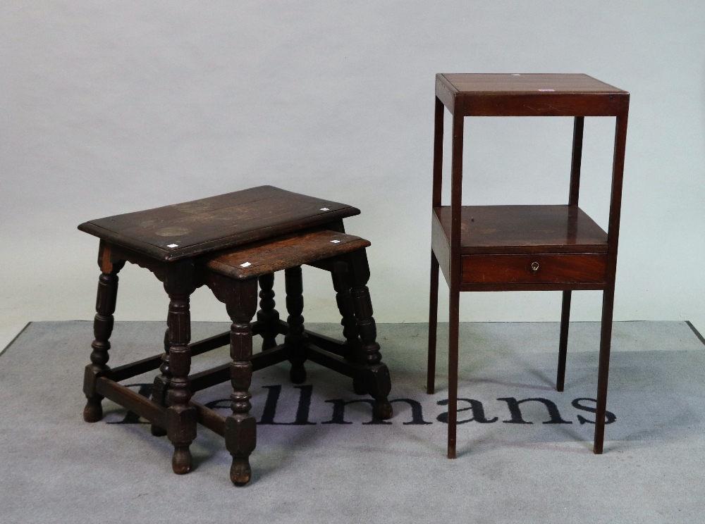 A late George III mahogany two-tier night stand with single drawer, 36cm wide; 83cm high, - Image 2 of 3